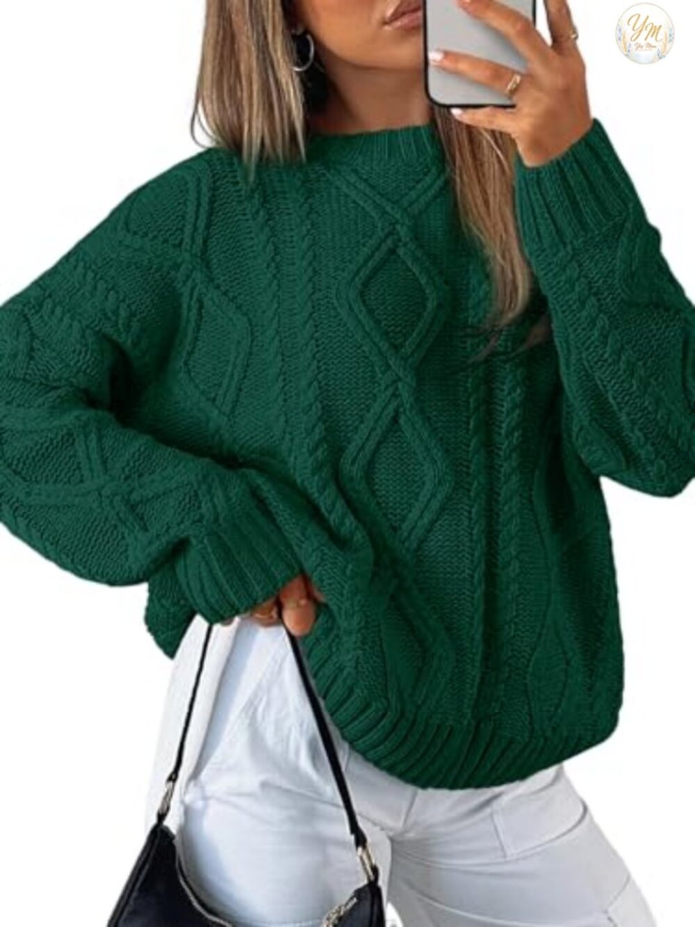 Oversized Cable Knit Sweater Cotton Blend Crew Neck Pullover